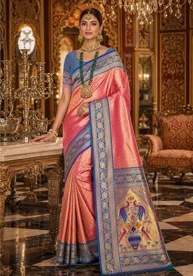 pink kanjivaram silk blend woven work traditional saree 1