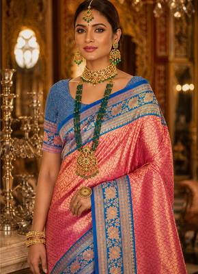 pink kanjivaram silk blend woven work traditional saree 2