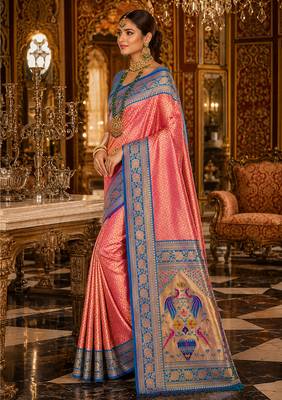 pink kanjivaram silk blend woven work traditional saree 3