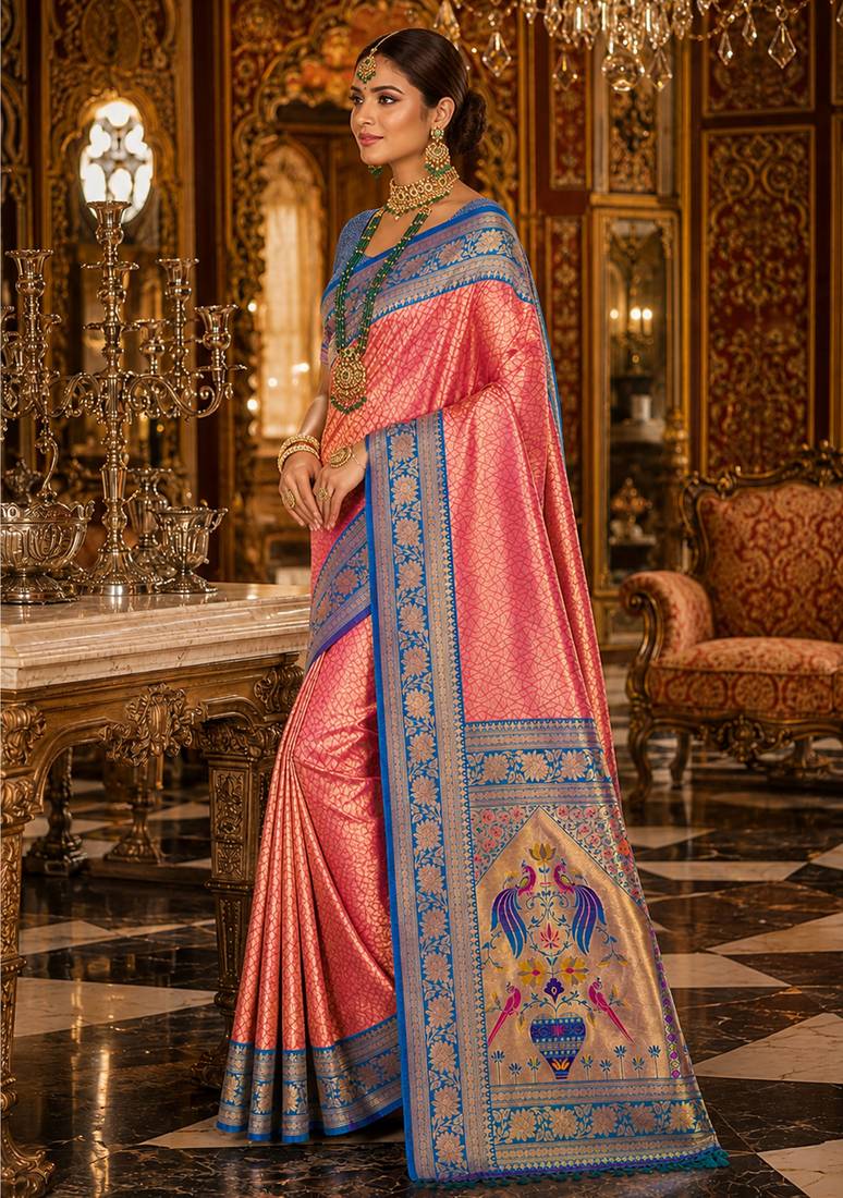 pink kanjivaram silk blend woven work traditional saree