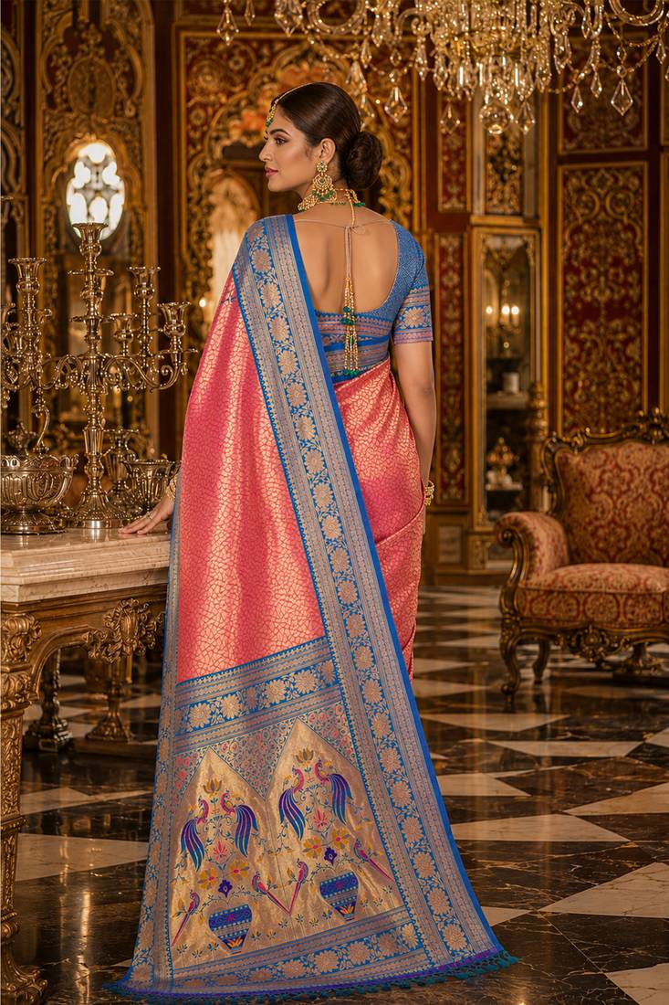 pink kanjivaram silk blend woven work traditional saree