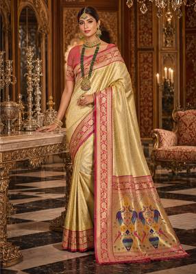 golden yellow kanjivaram silk blend woven work traditional saree 1