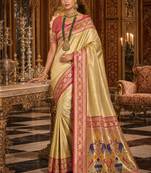 golden yellow kanjivaram silk blend woven work traditional saree