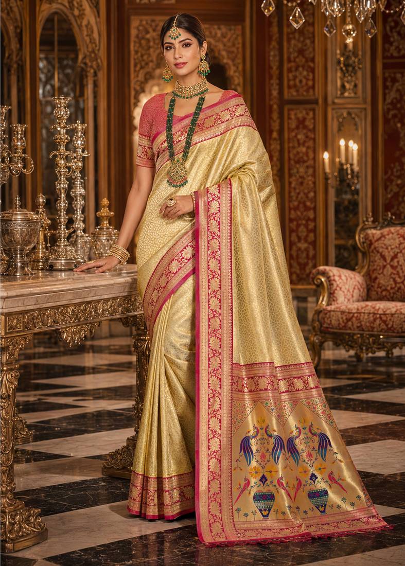 golden yellow kanjivaram silk blend woven work traditional saree