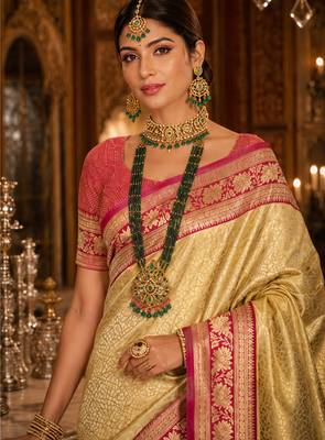 golden yellow kanjivaram silk blend woven work traditional saree 2