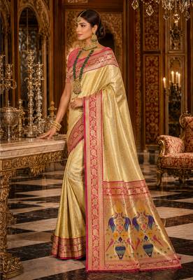 golden yellow kanjivaram silk blend woven work traditional saree 3