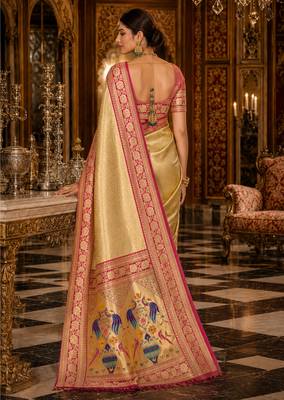 golden yellow kanjivaram silk blend woven work traditional saree 4