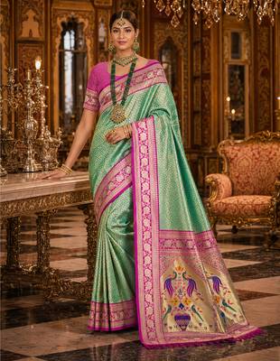 green kanjivaram silk blend woven work traditional saree 1