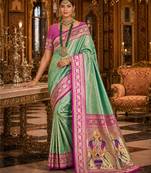 green kanjivaram silk blend woven work traditional saree