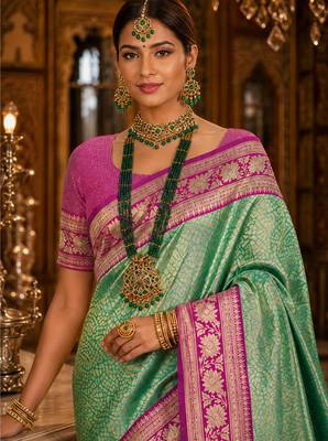 green kanjivaram silk blend woven work traditional saree 2