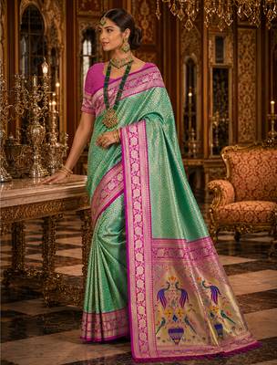 green kanjivaram silk blend woven work traditional saree 3