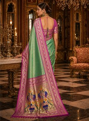green kanjivaram silk blend woven work traditional saree 4