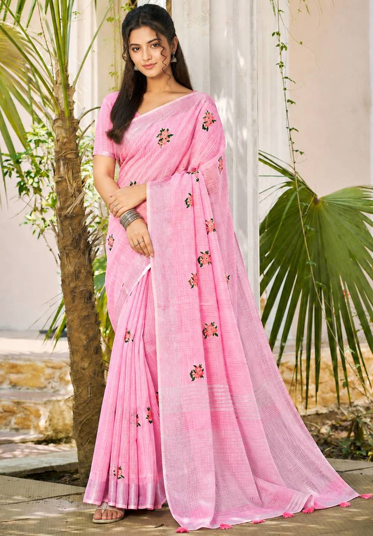 light pink linen woven work traditional saree