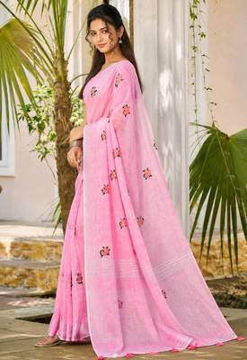 light pink linen woven work traditional saree 3