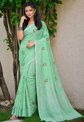 pista green linen woven work traditional saree 1