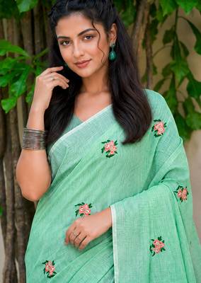 pista green linen woven work traditional saree 2