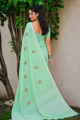 pista green linen woven work traditional saree 4