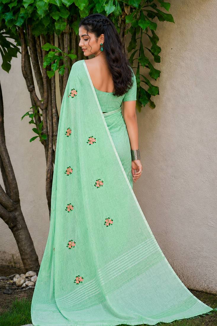 pista green linen woven work traditional saree