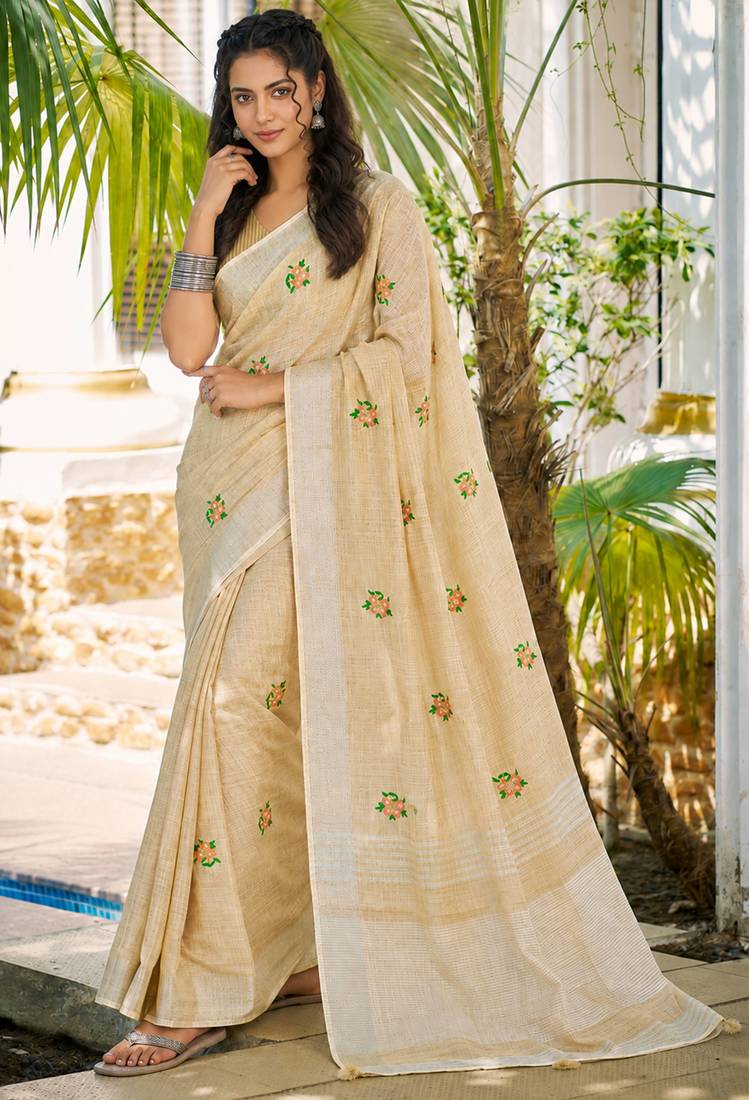 cream linen woven work traditional saree
