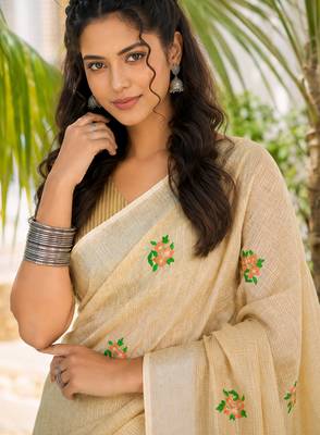 cream linen woven work traditional saree 2