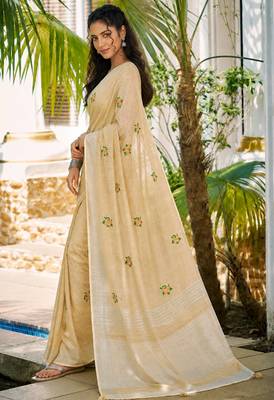 cream linen woven work traditional saree 3