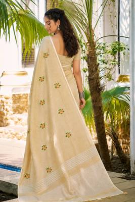 cream linen woven work traditional saree 4