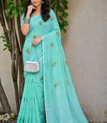 aqua blue linen woven work traditional saree