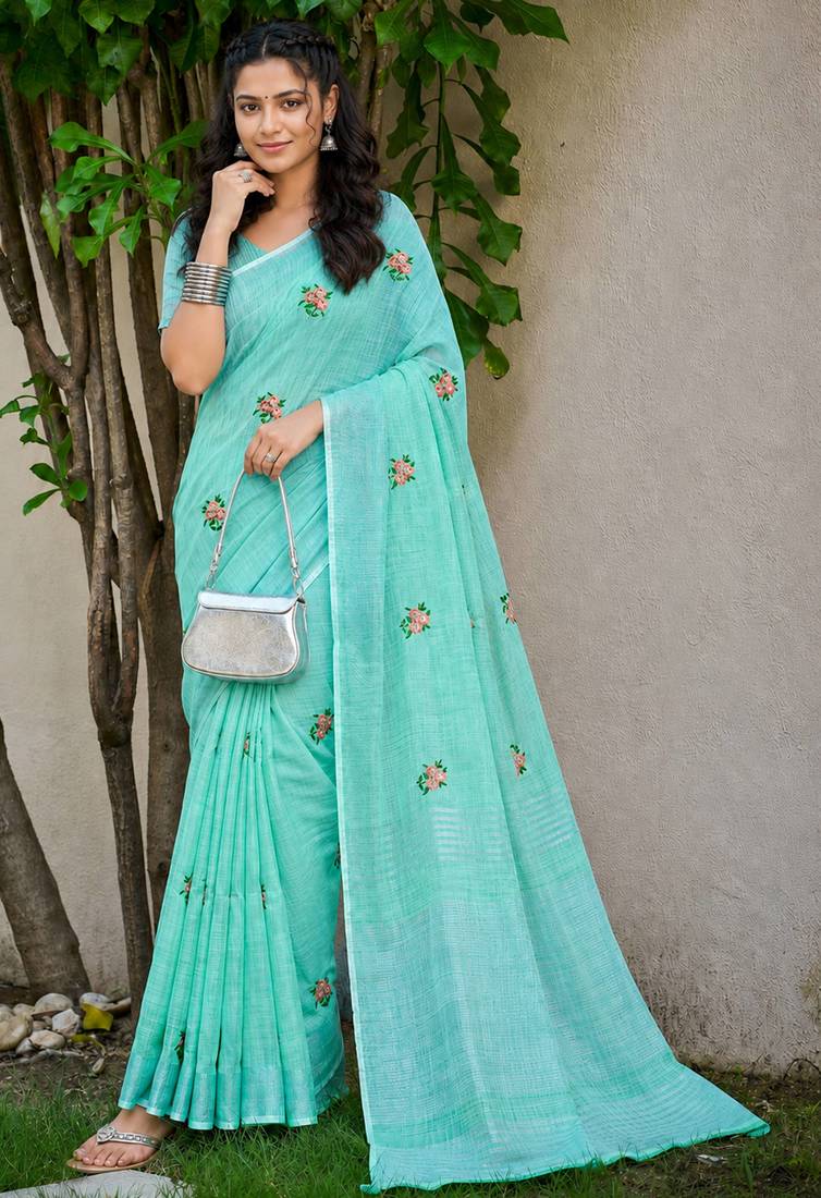 aqua blue linen woven work traditional saree
