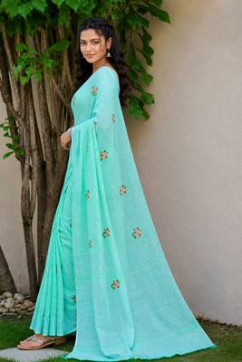 aqua blue linen woven work traditional saree 3