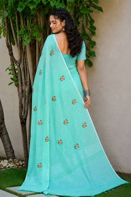 aqua blue linen woven work traditional saree 4