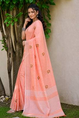peach   linen woven work traditional saree 3