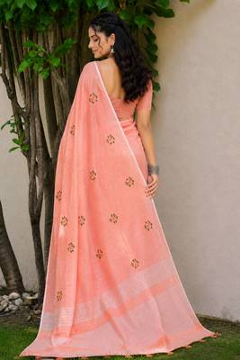 peach   linen woven work traditional saree 4