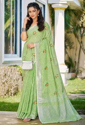 olive green linen woven work traditional saree 1