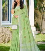 olive green linen woven work traditional saree