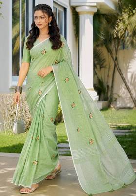 olive green linen woven work traditional saree 3