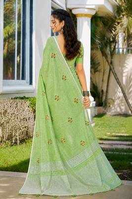 olive green linen woven work traditional saree 4