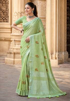 olive green linen woven work traditional saree 1