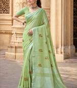 olive green linen woven work traditional saree