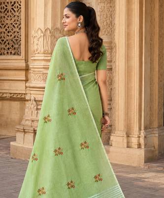 olive green linen woven work traditional saree 2