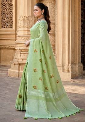olive green linen woven work traditional saree 3