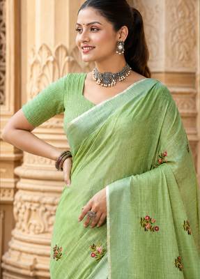 olive green linen woven work traditional saree 4