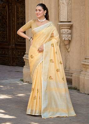 mustard linen woven work traditional saree 1
