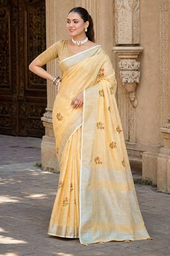 mustard linen woven work traditional saree