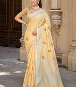 mustard linen woven work traditional saree