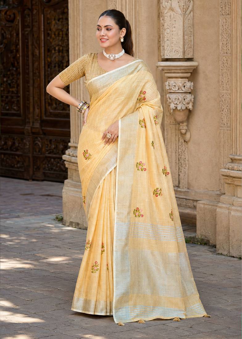 mustard linen woven work traditional saree