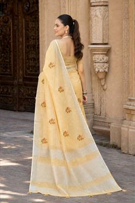 mustard linen woven work traditional saree 2