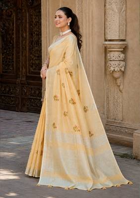 mustard linen woven work traditional saree 3