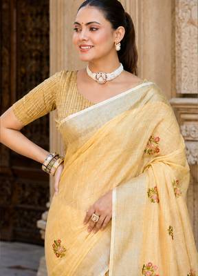 mustard linen woven work traditional saree 4