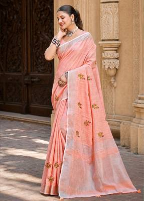 peach linen woven work traditional saree 1