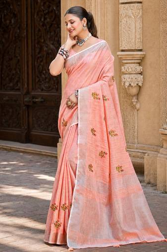 peach linen woven work traditional saree